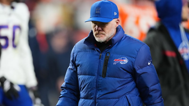 Buffalo Bills head coach Sean McDermott leaves the field after an NFL divisional round playoff...