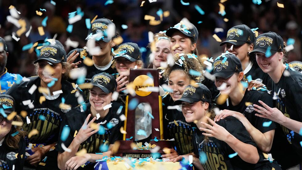 UCLA players celebrate after defeating South Carolina in the women's National Championship...