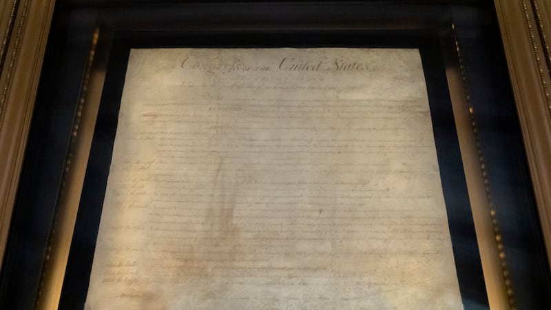 The Bill of Rights is displayed at the National Archives on Tuesday, Sept. 16, 2025, in...