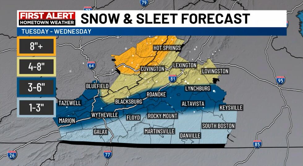 Projected snow and sleet totals Tuesday into Wednesday.