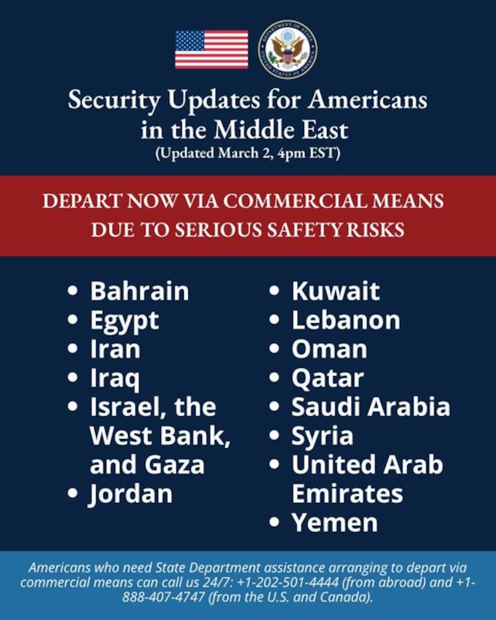 The State Department urged all U.S. citizens to leave more than a dozen Middle Eastern countries.