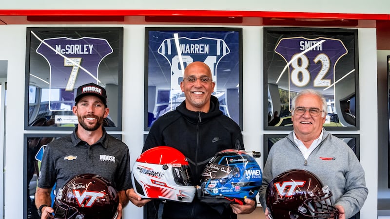(L to R) NASCAR driver Ross Chastain, Virginia Tech head football coach James Franklin, and...