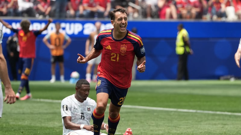 Spain's Mikel Oyarzabal (21) celebrates after scoring his side's opening goal during the World...