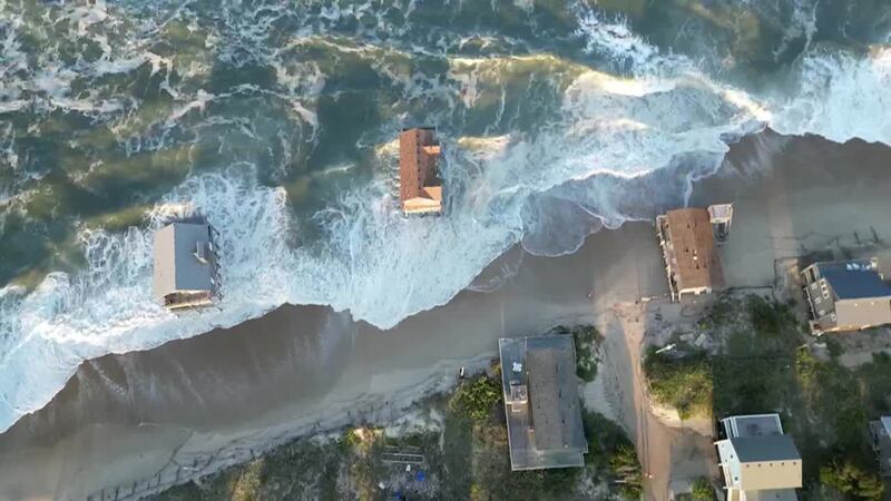 Drone footage over Rodanthe shows waves reaching several homes on the beach ahead of Hurricane...