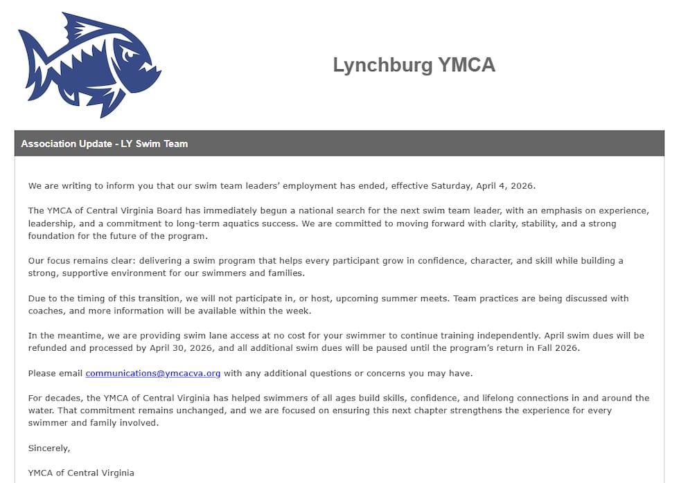 Lynchburg YMCA swim email