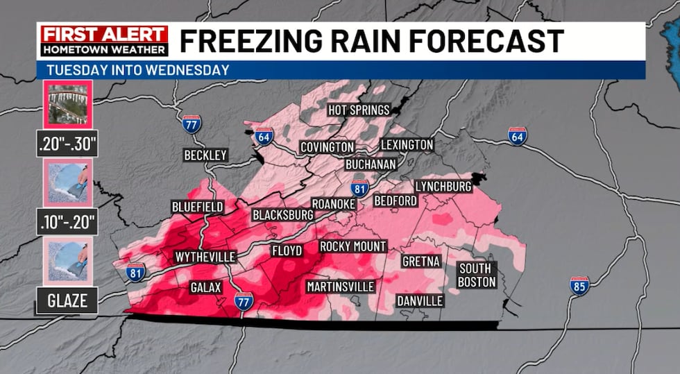 Freezing rain is expected Tuesday into Wednesday with the highest totals along the VA/NC border.