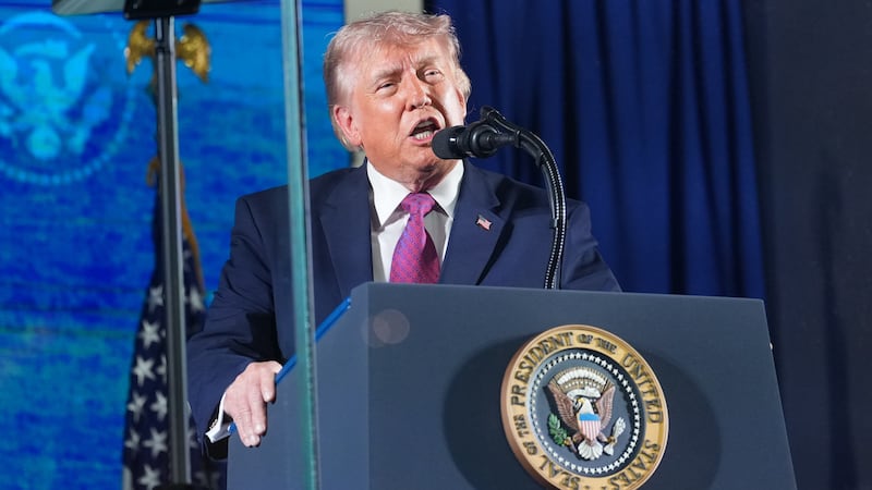 President Donald Trump speaks at Mount Rushmore National Memorial, Friday, July 3, 2026, near...