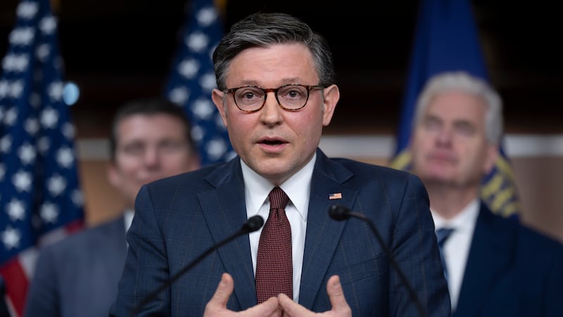 Speaker of the House Mike Johnson, R-La., speaks during as news conference at the Capitol in...