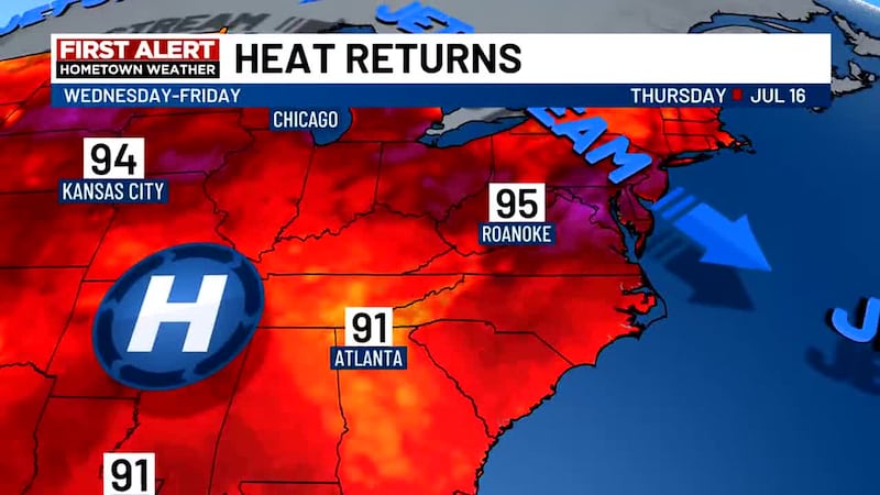 Hot weather moves back into the region later this week.